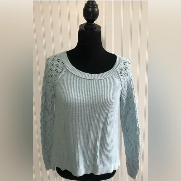 Ann Taylor Loft Open Knit Long Sleeve Sweater Womens Size Small Blue Back Button - Picture 2 of 12